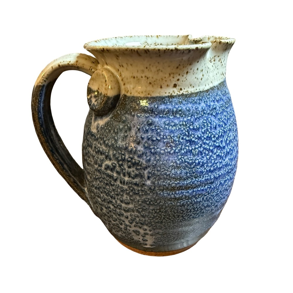 Studio Pottery Hand Thrown Blue Salt Glaze Pitcher Wavy Spout Artisan Signed